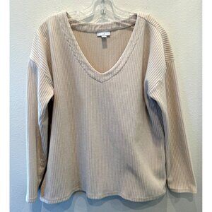 J. Jill Pullover Top Ribbed Knit Velvet V-Neck Shirt Medium Ivory Casual Comfort